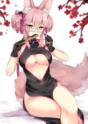 Rule 34 | 1girl, animal ear fluff, animal ears, bare shoulders, bed sheet, black dress, black gloves, blurry, blurry foreground, blush, branch, breasts, brown hair, china dress, chinese clothes, cleavage, closed mouth, commentary request, depth of field, double bun, dress, fang, fang out, fate/grand order, fate (series), flower, folded fan, folding fan, fox ears, fox girl, fox tail, glasses, gloves, grey-framed eyewear, hair between eyes, hair bun, hand fan, hands up, highres, holding, holding fan, kaetzchen, koyanskaya (chinese lostbelt outfit) (fate), koyanskaya (fate), large breasts, long hair, looking at viewer, pink hair, red flower, side bun, sidelocks, signature, sitting, sleeveless, sleeveless dress, smile, solo, tail, tamamo (fate)