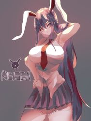 Rule 34 | 1girl, animal ears, arm up, armpits, bare shoulders, breasts, bright pupils, character name, closed mouth, collared shirt, contrapposto, cowboy shot, expressionless, eyebrows hidden by hair, grey background, hair between eyes, hair flowing over, hand on own hip, highres, large breasts, long hair, looking to the side, naufaldreamer, necktie, pleated skirt, purple hair, purple skirt, rabbit ears, red necktie, reisen udongein inaba, shirt, simple background, skirt, sleeveless, sleeveless shirt, solo, thighhighs, touhou, very long hair, white shirt, white thighhighs, wing collar