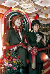Rule 34 | 6+boys, black eyes, black hair, black jacket, black pants, blue bow, blue bowtie, bouquet, bow, bowtie, brown eyes, brown hair, chandelier, clapping, closed mouth, collared shirt, commentary, confetti, english commentary, flower, formal, gastrapoda, gloves, highres, holding, holding scissors, ichijou seiya, indoors, jacket, kaiji, long hair, long sleeves, looking up, male focus, medium bangs, multiple boys, murakami tamotsu, necktie, open mouth, opening ceremony, pachinko, pants, pink flower, red bow, red bowtie, red flower, red shirt, scissors, shirt, short hair, smile, suit, upper body, white gloves, white necktie, white shirt