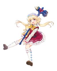 Rule 34 | 1girl, blonde hair, bow legwear, dress, floating hair, flower, full body, hair flower, hair ornament, hammer, highres, holding, holding hammer, holding stuffed toy, holding weapon, kneehighs, long hair, long sleeves, looking at viewer, official art, omega labyrinth, omega labyrinth z, open mouth, purple eyes, simple background, socks, solo, stuffed animal, stuffed toy, teddy bear, tousaki umiko, twintails, urara rurikawa, weapon, white background, white socks