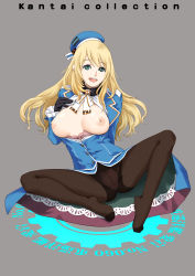 Rule 34 | 10s, 1girl, ascot, atago (kancolle), bad id, bad pixiv id, black gloves, black panties, black pantyhose, blonde hair, bow, bow panties, breasts, breasts out, collarbone, copyright name, crotch seam, feet, full body, gloves, grey background, hand on own chest, hat, highres, kaburagi yuki, kantai collection, large breasts, military, military uniform, nipples, no bra, panties, panties under pantyhose, pantyhose, simple background, solo, spread legs, toes, underwear, uniform
