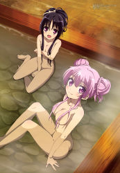 Rule 34 | 10s, 2girls, :d, absurdres, arm support, bare legs, bare shoulders, barefoot, between thighs, black hair, blush, body blush, breasts, butt crack, convenient censoring, covering breasts, covering privates, double bun, feet, hair bun, hair censor, hair over breasts, highres, hundred (light novel), indoors, kirishima sakura (hundred), kisaragi karen, long hair, looking at viewer, megami magazine, multiple girls, nude, official art, onsen, open mouth, partially submerged, pink eyes, pink hair, purple eyes, scan, sidelocks, sitting, small breasts, smile, steam, tanaka kii, wet, wet hair, yokozuwari
