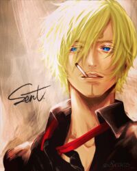 Rule 34 | 1boy, black gloves, blonde hair, blue eyes, cigarette, commentary request, eyes visible through hair, facial hair, formal, gloves, goatee, highres, male focus, necktie, one piece, open mouth, red necktie, sanji (one piece), short hair, signature, sj0302, solo, suit, teeth