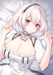 Rule 34 | 1girl, absurdres, anchor choker, azur lane, bed sheet, black dress, blush, breasts, chan&#039;nu, choker, cleavage, closed mouth, collarbone, commentary, dress, frilled choker, frilled dress, frills, hair between eyes, hairband, hands up, has bad revision, has downscaled revision, highres, lace-trimmed hairband, lace trim, large breasts, light frown, looking at viewer, lying, md5 mismatch, on back, puffy short sleeves, puffy sleeves, red eyes, resolution mismatch, short hair, short sleeves, sirius (azur lane), solo, source smaller, two-tone dress, upper body, white dress, white hair