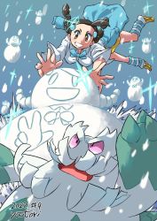 Rule 34 | 1girl, abomasnow, black hair, brown eyes, brown footwear, brown skirt, candice (pokemon), clothes around waist, commentary request, creatures (company), falling, game freak, gen 4 pokemon, grin, hair ornament, hairclip, highres, kneehighs, long hair, miniskirt, multi-tied hair, nintendo, pokemon, pokemon (creature), pokemon dppt, shirt, shoes, skirt, smile, snow sculpture, socks, sparkle, striped clothes, striped socks, sweater, sweater around waist, teeth, twintails, white shirt, you bird