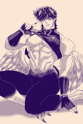 Rule 34 | 1boy, abs, alternate costume, alternate design, bara, bare shoulders, blue eyes, blush, clothes lift, feathered wings, full body, harpy, harpy boy, highres, horns, jojo no kimyou na bouken, joseph joestar, joseph joestar (young), large pectorals, lifting own clothes, looking at viewer, male focus, medium hair, monochrome, monster boy, monster girl, muscular, navel, nipples, pectorals, shirt lift, sideburns, solo, talons, thick thighs, thighs, wings, xing xiao