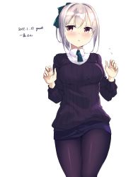 Rule 34 | 1girl, 2017, dated, garnet, highres, necktie, pantyhose, red eyes, short hair, silver hair, simple background, solo, standing, sweater