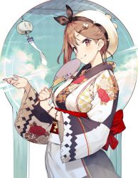Rule 34 | 1girl, alternate costume, atelier (series), atelier ryza, atelier ryza 1, breasts, brown eyes, brown hair, from side, hair ornament, hairclip, hand fan, highres, holding, holding fan, japanese clothes, kimono, large breasts, looking at viewer, official art, paper fan, reisalin stout, solo, toridamono, uchiwa, upper body, white headwear, yukata