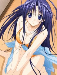 Rule 34 | 1girl, android type a, barefoot, bikini, blue eyes, blue hair, breasts, cleavage, clothes around waist, collarbone, large breasts, long hair, looking at viewer, orange bikini, shirt, shirt around waist, sitting, smile, suzuhira hiro, swimsuit, tune up!!