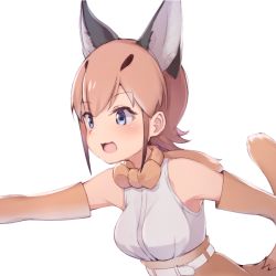Rule 34 | 1girl, :3, animal ears, bare shoulders, belt, black hair, blue eyes, blush, bow, bowtie, caracal (kemono friends), commentary request, elbow gloves, extra ears, gloves, high-waist skirt, kemono friends, light brown hair, light brown skirt, multicolored hair, note (suzu note000), open mouth, short hair, sidelocks, skirt, sleeveless, solo, tail, traditional bowtie