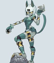Rule 34 | 1girl, belt pouch, blue background, bob cut, cat girl, claws, crop top, fingerless gloves, gesture, gloves, looking at viewer, nonneim, pouch, robo-fortune, robot, robot girl, rock, skullgirls, solo, white hair, yellow eyes