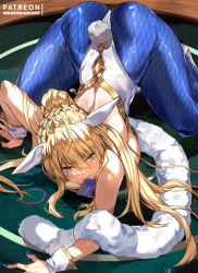 Rule 34 | 1girl, all fours, animal ears, artoria pendragon (all), artoria pendragon (fate), artoria pendragon (swimsuit ruler) (fate), ass, bad id, bad pixiv id, blonde hair, blue pantyhose, braid, breasts, club3, detached collar, fake animal ears, fate/grand order, fate (series), fishnet pantyhose, fishnets, french braid, green eyes, hair between eyes, indoors, large breasts, leotard, long hair, looking at viewer, mouth hold, necktie, pantyhose, playboy bunny, ponytail, rabbit ears, rabbit tail, shiny skin, sidelocks, tail, top-down bottom-up