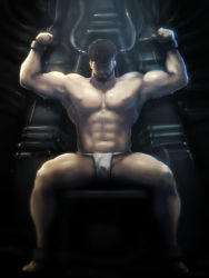 Rule 34 | 1boy, abs, arms up, artist name, bara, beard, biceps, black hair, bulge, chair, closed eyes, cuffs, dark, dripping, facial hair, facing viewer, frown, fundoshi, groin, headband, highres, japanese clothes, machinery, male focus, muscular, muscular male, navel, nipples, original, pectorals, red headband, restrained, shackles, shaded face, short hair, sitting, solo, spread legs, sweat, tentakun, underwear, underwear only, unfinished