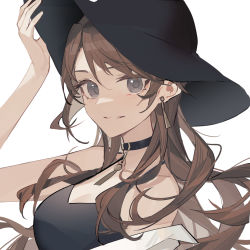 Rule 34 | 1girl, black dress, black hat, blush, breasts, brown hair, choker, cleavage, commission, dress, earrings, grey eyes, hat, jewelry, long hair, looking at viewer, luozhou pile, medium breasts, original, pixiv commission, portrait, simple background, smile, solo, white background