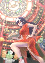 Rule 34 | 1girl, 2boys, alternate costume, anklet, black hair, china dress, chinese clothes, dragon quest, dragon quest x, dress, dwarf (dq10), earrings, green eyes, hairband, hand on own hip, highres, hoop earrings, jewelry, kosatsune, long hair, multiple boys, runana (dq10), side slit