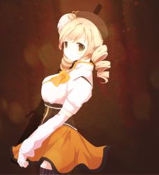 Rule 34 | 10s, 1girl, beret, blonde hair, breasts, detached sleeves, drill hair, female focus, gerukazai, gradient background, gun, hair ornament, hat, magical girl, mahou shoujo madoka magica, mahou shoujo madoka magica (anime), medium breasts, pleated skirt, puffy sleeves, skirt, smile, solo, thighhighs, tomoe mami, weapon, yellow eyes
