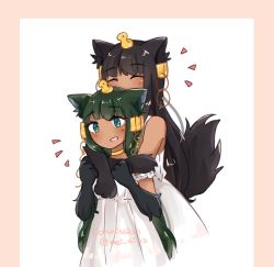 Rule 34 | 2girls, animal ears, animal hands, anubis (monster girl encyclopedia), bare shoulders, black hair, blue eyes, blush, border, closed eyes, commentary, commission, dark-skinned female, dark skin, dress, green hair, hair ornament, height difference, highres, hug, hug from behind, looking at viewer, mei kins, monster girl, monster girl encyclopedia, multiple girls, parted lips, pink border, short sleeves, smile, snake hair ornament, standing, tail, twitter username, white background, white dress, wolf ears, wolf tail