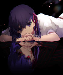 Rule 34 | 1girl, black dress, blurry, chinanan, closed mouth, commentary request, dark background, dark sakura, depth of field, different reflection, dress, expressionless, fate/stay night, fate (series), fingernails, hair ribbon, heaven&#039;s feel, highres, long hair, lying, matou sakura, on stomach, own hands together, petals, pink ribbon, puffy short sleeves, puffy sleeves, purple eyes, purple hair, red eyes, reflection, reflective floor, ribbon, short sleeves, smug, striped clothes, striped dress, white dress