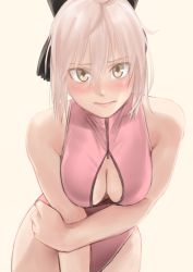 Rule 34 | 1girl, ahoge, bare arms, bare shoulders, black bow, blonde hair, blush, bow, breasts, center opening, cleavage, closed mouth, commentary request, cowboy shot, fate/grand order, fate (series), front zipper swimsuit, frown, furrowed brow, hair between eyes, hair bow, highleg, highleg swimsuit, highres, kilye kairi, koha-ace, leaning forward, lips, looking at viewer, medium breasts, meme attire, okita souji (fate), okita souji (koha-ace), one-piece swimsuit, short hair, simple background, solo, standing, swimsuit, unzipped, white background, yellow eyes, zipper, zipper pull tab