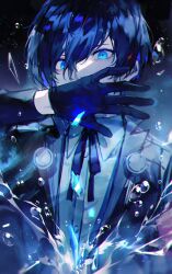 Rule 34 | 1boy, absurdres, black gloves, black jacket, blue eyes, blue hair, bubble, buttons, commentary request, covering own mouth, gekkoukan high school uniform, gloves, hair between eyes, highres, jacket, long sleeves, looking at viewer, lor (roasyerizyonirapi), male focus, neck ribbon, open clothes, open jacket, persona, persona 3, ribbon, school uniform, shirt, short hair, solo, uniform, white shirt, yuuki makoto (persona 3)