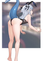 Rule 34 | 1girl, absurdres, alternate costume, animal ears, ass, barefoot, bent over, black leotard, blue eyes, blue hair, blue tail, blunt bangs, blurry, blurry background, border, breasts, colored eyelashes, commentary, ears down, english commentary, fake animal ears, feet out of frame, fins, fish tail, flat chest, from side, full body, gawr gura, highleg, highleg leotard, highres, hololive, hololive english, kneepits, legs, leotard, long hair, long legs, looking at viewer, looking back, medium hair, multicolored hair, outside border, parted lips, playboy bunny, profile, rabbit ears, shark girl, shark tail, sidelocks, sideways glance, sketch, small breasts, smilesmile1312, solo, standing, streaked hair, tail, tail raised, thighs, tiptoes, two-tone hair, two side up, virtual youtuber, white border, white hair