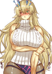Rule 34 | 1girl, bare shoulders, black skirt, blonde hair, breasts, brown pantyhose, barghest (fate), fate/grand order, fate (series), green eyes, heterochromia, horns, large breasts, long hair, looking to the side, pantyhose, pelvic curtain, red eyes, ribbed sweater, satou (kuso-neet), sideboob, skirt, sleeveless, sleeveless turtleneck, solo, sweat, sweater, turtleneck, white sweater