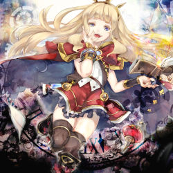 Rule 34 | 10s, 1girl, :d, black thighhighs, blonde hair, blue eyes, blunt bangs, book, cagliostro (granblue fantasy), cape, crown, fang, floating, floating book, floating object, gears, granblue fantasy, grimoire, hair over shoulder, hand on own face, long hair, looking at viewer, open book, open mouth, roman numeral, shoes, shunatsu (shisui), skirt, smile, solo, standing, standing on one leg, thighhighs, very long hair, zettai ryouiki