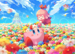 Rule 34 | 1girl, :d, ^ ^, afloat, blue eyes, blue sky, blush, closed eyes, cloud, cloudy sky, commentary request, day, dress, duplicate, closed eyes, fairy, fairy wings, field, flower, flower field, hair ornament, head wreath, hitotubosi, kirby, kirby (series), kirby 64, long sleeves, nature, nintendo, open mouth, outdoors, petals, pink hair, pixel-perfect duplicate, red ribbon, ribbon, ribbon (kirby), short hair, sitting, sky, smile, wings