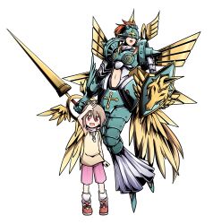Rule 34 | angel, angel girl, brown hair, digimon, digimon (creature), ofanimon, shield, smile, wings, yagami hikari