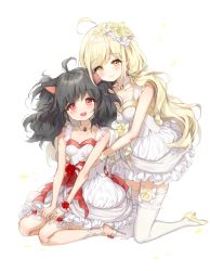 Rule 34 | 2girls, :d, ahoge, animal ears, bad id, bad pixiv id, bare arms, bare shoulders, black hair, blonde hair, blush, bow, breasts, brown eyes, cat ears, closed mouth, collarbone, commission, dress, fingernails, flower, frilled legwear, frills, hair flower, hair ornament, haruri, head tilt, high heels, highres, jewelry, kneeling, long hair, multiple girls, open mouth, original, petals, red eyes, red flower, red rose, ring, rose, rose petals, round teeth, sandals, scrunchie, shoes, simple background, sleeveless, sleeveless dress, small breasts, smile, teeth, thighhighs, upper teeth only, very long hair, white background, white bow, white dress, white footwear, white legwear, white scrunchie, wrist scrunchie, yellow flower, yellow footwear, yellow rose