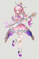 Rule 34 | 1girl, bird wings, blue bow, bow, brooch, dress, frilled sleeves, frills, full body, gloves, grey background, hair ornament, hairclip, happybiirthd, highres, holding, holding wand, jewelry, leg ribbon, long hair, magical girl, multicolored clothes, multicolored dress, open mouth, original, pink hair, puffy short sleeves, puffy sleeves, purple eyes, purple footwear, ribbon, shoes, short sleeves, side ponytail, signature, simple background, smile, solo, standing, standing on one leg, star (symbol), star brooch, star wand, teeth, thighhighs, translation request, upper teeth only, wand, watermark, white gloves, white headwear, winged hat, winged wand, wings
