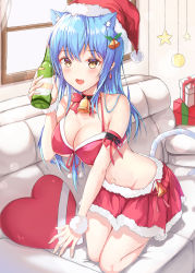 Rule 34 | 1girl, :d, absurdres, animal ear fluff, animal ears, bad id, bad pixiv id, bare shoulders, bell, blue hair, bottle, breasts, cat ears, cat girl, cat tail, christmas, cleavage, collar, collarbone, couch, curtains, fang, fur trim, gift, groin, hair ornament, hat, heart, highres, holding, holding bottle, huge filesize, indoors, kneeling, large breasts, long hair, navel, neck bell, neon (hhs9444), open mouth, original, red ribbon, red shirt, red skirt, ribbon, santa costume, santa hat, shirt, sidelocks, skirt, smile, stomach, symbol-only commentary, tail, window, yellow eyes