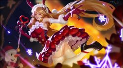 Rule 34 | 1girl, antlers, anyuananyuan, ass, bare shoulders, blonde hair, breasts, christmas, corset, detached sleeves, formal, garter straps, gloves, hair ornament, high heels, highres, horns, long hair, original, parted lips, red eyes, red gloves, red suit, reindeer antlers, smile, snowflakes, snowman, solo, star (symbol), star hair ornament, suit, thighhighs, very long hair, wand
