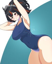 absurdres ale24x arms_up black_hair breasts clip_studio_paint_(medium) hair_ornament highres large_breasts looking_at_viewer ponytail school_swimsuit self-upload swimsuit thick_thighs thighs zenless_zone_zero zhu_yuan