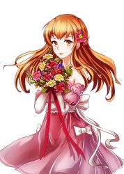 Rule 34 | 1girl, bad id, bad pixiv id, bouquet, bow, brown eyes, brown hair, detached sleeves, dress, expressionless, flower, gloves, hair flower, hair ornament, long hair, moe (450367098), original, pink dress, solo, transparent background, white background