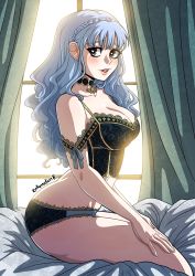 Rule 34 | 1girl, bed sheet, bedroom, blue hair, blush, braid, breasts, brown eyes, choker, crown braid, fire emblem, fire emblem: three houses, hair down, heart, heart-shaped pupils, highres, kinkymation, large breasts, lingerie, long hair, looking at viewer, marianne von edmund, md5 mismatch, nervous smile, nintendo, panties, smile, symbol-shaped pupils, thighs, underwear