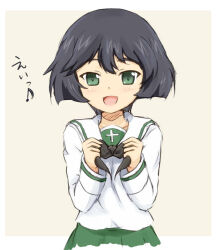 Rule 34 | 1girl, :d, black hair, black neckerchief, blunt ends, blush, bob cut, border, breasts, brown background, commentary, cropped legs, girls und panzer, green eyes, green skirt, hair between eyes, holding, holding neckerchief, long sleeves, looking at viewer, ma-2 (konkon kitakitsune), musical note, neckerchief, ooarai school uniform, open mouth, outside border, pleated skirt, sailor collar, school uniform, serafuku, shirt, short hair, simple background, skirt, small breasts, smile, solo, spoken musical note, standing, straight-on, thick eyebrows, translated, upper body, utsugi yuuki, w arms, white border, white sailor collar, white shirt