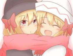 Rule 34 | 2girls, blonde hair, closed eyes, hat, lily black, lily white, multiple girls, open mouth, ribbon, scarf, shared clothes, shared scarf, touhou