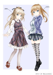 Rule 34 | 2girls, :o, black footwear, black ribbon, blue eyes, blue jacket, blue shirt, blush, boots, bow, breasts, closed mouth, commentary request, cross-laced footwear, dakkusu, dress, green skirt, grey legwear, hair ribbon, hand up, high ponytail, index finger raised, jacket, lace-up boots, light brown hair, long hair, medium breasts, multiple girls, open clothes, open jacket, original, pantyhose, parted lips, plaid, plaid dress, plaid skirt, pleated dress, pleated skirt, ponytail, purple background, purple dress, red bow, red footwear, ribbon, shirt, shoes, skirt, sleeves past wrists, smile, striped clothes, striped legwear, striped thighhighs, thighhighs, two-tone background, very long hair, white background, white shirt