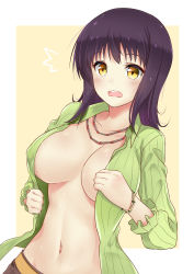 Rule 34 | 1girl, ^^^, breasts, brown background, brown eyes, brown pants, collarbone, collared shirt, commentary request, green shirt, highres, itsuwa, jewelry, large breasts, long hair, long sleeves, looking at viewer, mint (cerbi), navel, necklace, no bra, open clothes, open mouth, open shirt, pants, puffy long sleeves, puffy sleeves, purple hair, shirt, solo, striped clothes, striped shirt, sweat, toaru majutsu no index, two-tone background, vertical-striped clothes, vertical-striped shirt, white background