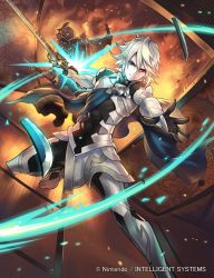 Rule 34 | 2boys, closed mouth, company name, corrin (fire emblem), corrin (male) (fire emblem), corrin (male) (fire emblem), fire emblem, fire emblem cipher, fire emblem fates, full body, holding, holding sword, holding weapon, kinoshita kotetsu, looking at viewer, male focus, multiple boys, nintendo, official art, red eyes, sword, weapon, white hair