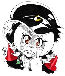 Rule 34 | 10s, 1girl, akanbe, bad id, bad pixiv id, banchou, bandaid, blunt bangs, bob cut, bruise, crescent, daniel j. luis, delinquent, eyebrows, eyelid pull, hat, injury, kill la kill, mankanshoku mako, mouth hold, peaked cap, portrait, red eyes, shoulder pads, solo, spikes, spoilers, spot color, stalk in mouth, straw (stalk), tongue, tongue out