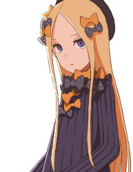 Rule 34 | 1girl, abigail williams (fate), bad id, bad pixiv id, black bow, black dress, black hat, blonde hair, blue eyes, bow, commentary request, dress, fate/grand order, fate (series), forehead, hair bow, hat, long hair, long sleeves, looking at viewer, orange bow, parted bangs, parted lips, polka dot, polka dot bow, simple background, solo, tsukebo, very long hair, white background