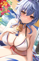 Rule 34 | 1girl, bare shoulders, beach umbrella, bell, bikini, blue hair, blush, breasts, brown eyes, cleavage, closed mouth, cowbell, detached collar, dutch angle, flower, front-tie top, ganyu (genshin impact), genshin impact, goat horns, hair between eyes, halterneck, hand on own chest, highres, horns, large breasts, long hair, looking at viewer, navel, neck bell, outdoors, paid reward available, raised eyebrows, sidelocks, sitting, string bikini, sweat, swimsuit, thighs, tomas (kaosu22), umbrella, white bikini