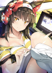 Rule 34 | 1girl, absurdres, animal ears, blurry, breasts, brown hair, cat ears, cleavage, closed mouth, collarbone, commentary request, cup, depth of field, drinking glass, foreshortening, head tilt, headgear, headphones, highres, ice, ice cube, indoors, knee up, leg up, lemonade, light rays, long hair, looking at viewer, medium breasts, off shoulder, original, shiny skin, shirt, short sleeves, sidelocks, sitting, smile, socks, solo, striped clothes, striped shirt, stylus, table, tablet pc, white shirt, white socks, yellow eyes, yellow shirt, zelitto