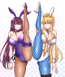 Rule 34 | 2girls, animal ears, artoria pendragon (all), artoria pendragon (fate), artoria pendragon (swimsuit ruler) (fate), ass, bare shoulders, blonde hair, blue pantyhose, bow, bowtie, breasts, cleavage, clenched hand, commentary request, covered navel, crown, detached collar, fake animal ears, fate/grand order, fate (series), fishnet legwear, fishnets, green eyes, high heels, large breasts, leotard, long hair, multiple girls, navel, necktie, official alternate costume, pantyhose, playboy bunny, ponytail, purple eyes, purple footwear, purple hair, rabbit ears, scathach (fate), scathach (piercing bunny) (fate), split, standing, standing on one leg, standing split, white footwear, wrist cuffs, yakisobapan tarou &amp; negitoro-ko