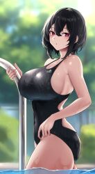 Rule 34 | 1girl, backlighting, black hair, black one-piece swimsuit, blurry, blurry background, breasts, commission, competition swimsuit, cowboy shot, highres, large breasts, masaki nanaya, one-piece swimsuit, original, partially underwater shot, pool ladder, red eyes, short hair, skeb commission, solo, swimsuit, tree, water, wet, wet clothes, wet swimsuit