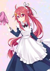 Rule 34 | 10s, 1girl, ahoge, alternate costume, alternate hairstyle, rabbit hair ornament, commentary request, crescent, crescent hair ornament, duster, enmaided, hair ornament, hair ribbon, kantai collection, long hair, long sleeves, low-tied long hair, maid, maid headdress, multicolored background, nagasioo, ponytail, red eyes, red hair, ribbon, sidelocks, skirt hold, solo, twitter username, uzuki (kancolle)