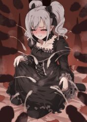 Rule 34 | 1girl, 6+boys, absurdres, black bow, black choker, black dress, black thighhighs, blush, bow, breasts, censored, charybdo, choker, clenched teeth, closed eyes, collarbone, cum, curly hair, dress, ear blush, ejaculation, embarrassed, frilled choker, frilled dress, frilled sleeves, frills, full-face blush, gothic lolita, gradient background, grey hair, hair between eyes, hair bow, hair ornament, highres, huge filesize, idolmaster, idolmaster cinderella girls, kanzaki ranko, kneeling, lolita fashion, male masturbation, male orgasm, masturbation, medium breasts, mosaic censoring, multiple boys, parted bangs, parted lips, penis, purple nails, steam, surrounded by penises, tearing up, teeth, thighhighs, tomawarinosuizou, twintails