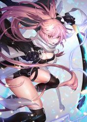 Rule 34 | 1girl, black gloves, black thighhighs, breasts, brown eyes, cleavage, commentary request, electricity, fate/grand order, fate (series), gloves, highres, holding, holding sword, holding weapon, katana, long hair, looking at viewer, medium breasts, nijimaarc, okita j. souji (fate), okita j. souji (second ascension) (fate), okita souji (fate), okita souji (koha-ace), open mouth, pink hair, platform footwear, ponytail, scarf, solo, sword, thigh strap, thighhighs, very long hair, weapon, wide sleeves